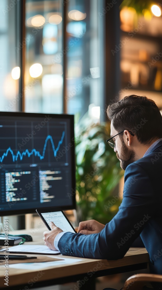 Intense Focus: A trader intently reviews stock market data on his computer monitor, poised at his desk in a contemporary office, immersed in the pursuit of financial insight. Intense Focus: A trader intently reviews stock market data on his computer monitor, poised at his desk in a contemporary office, immersed in the pursuit of financial insight.
