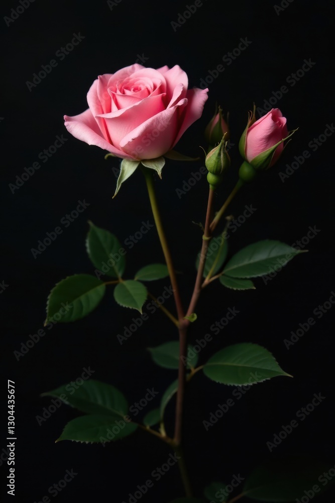 Fototapeta premium A Single Pink Rose with Two Buds on a Dark Background, a Delicate Display of Nature's Elegance and Beauty