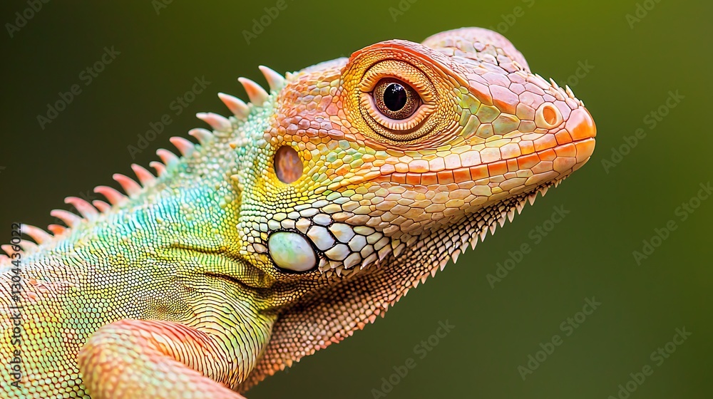 Obraz premium A colorful lizard displaying vibrant hues and intricate textures, showcasing nature's beauty in detail against a blurred green background.
