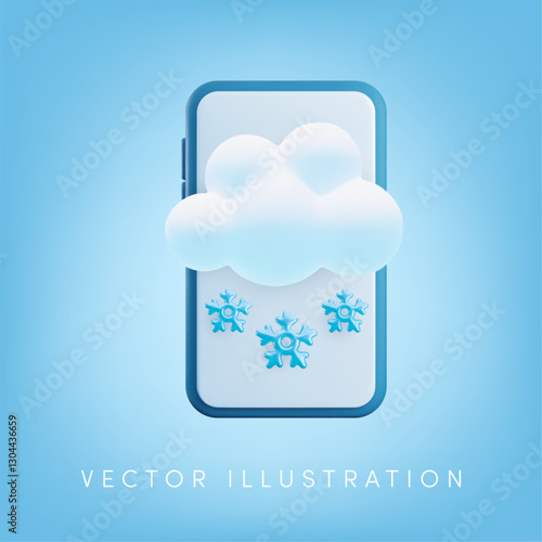 Vector cartoon 3d online weather app illustration. Cute minimal render of smartphone with cloud and snowflakes on screen. Weather forecast app widget, snowy day notice concept for web, app, game.