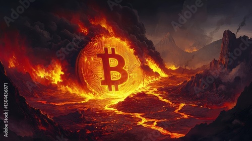 Wallpaper Mural Volcanic eruption at night with lava forming a glowing Bitcoin coin Torontodigital.ca