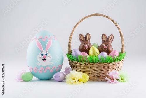 Easter basket with colorful eggs, chocolate bunnies, and spring decorations