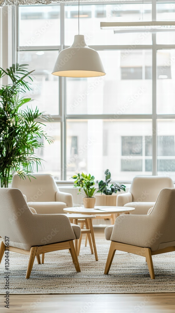 Fototapeta premium Modern Meeting Area: A modern, inviting meeting area bathed in natural light, complete with comfortable chairs and greenery, offers a serene space for collaboration and conversation. 