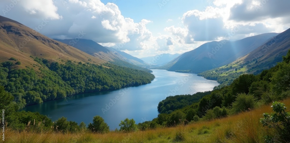 Fototapeta premium Breathtaking Derwentwater vista, Cumbria hills , serene, summer, dawn