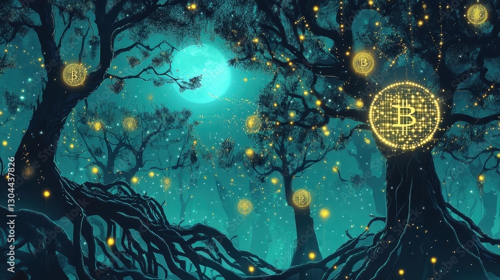 Obraz premium Blockchain trees glowing in moonlight with decentralized roots and fireflies emitting light