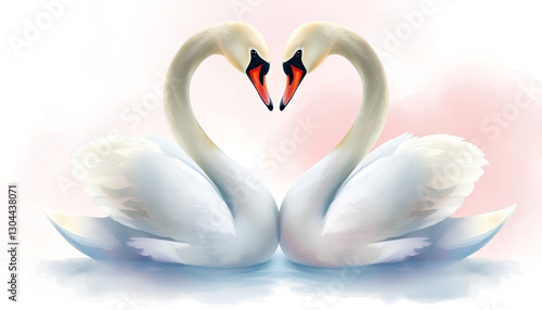 Fototapeta Naklejka Na Ścianę i Meble -  Romantic Swan Pair in Watercolor Style beautiful pair of swans forming a heart shape with their necks