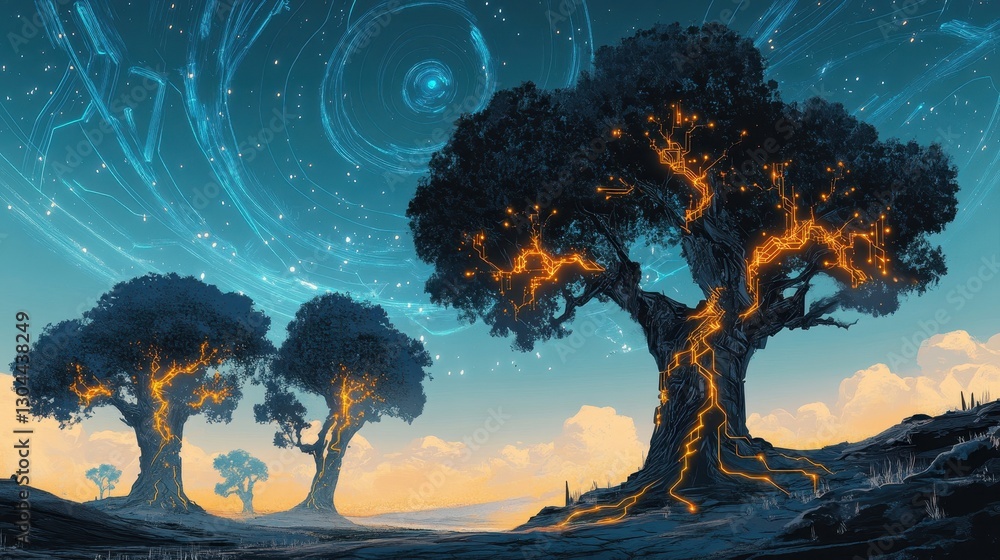 Fototapeta premium Dystopian world with blockchain trees towering over a desolate landscape under a digital sky