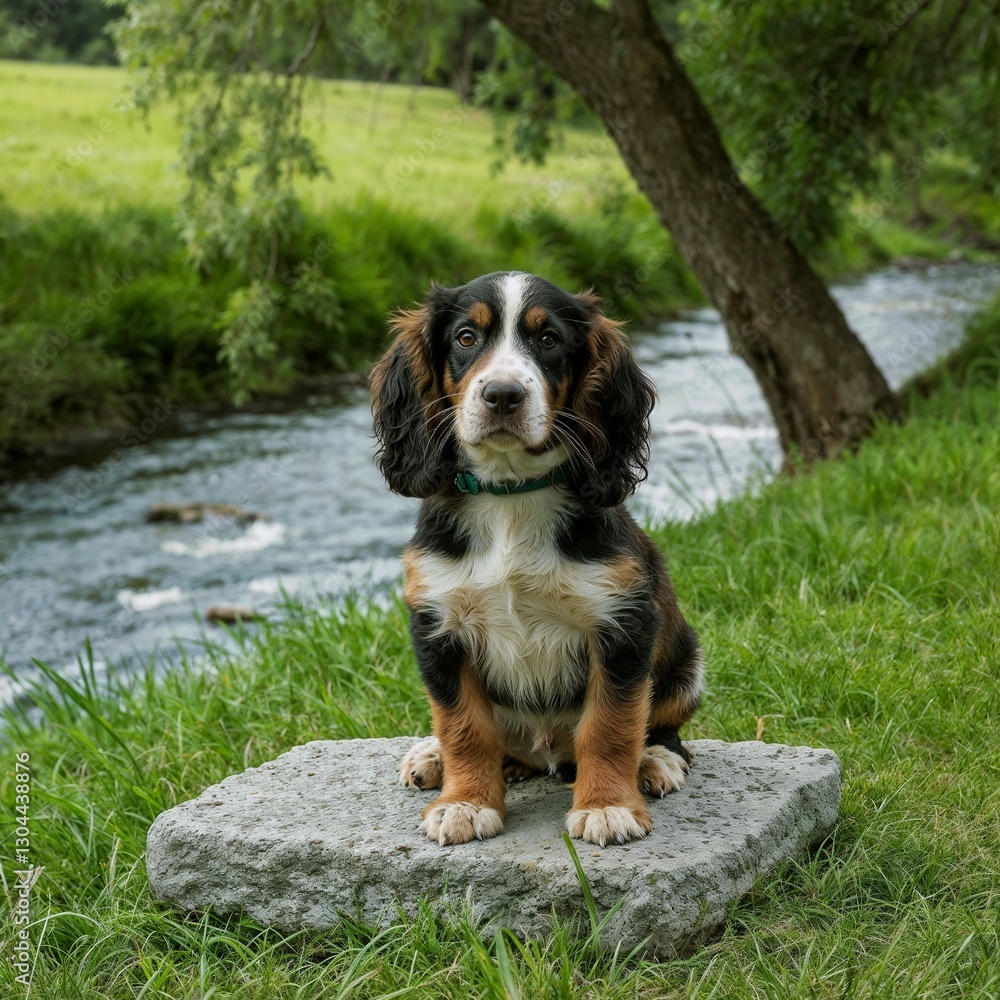 Cute beagle puppy with three-color fur, curious expression, sitting on stone in peaceful nature setting Cute beagle puppy with three-color fur, curious expression, sitting on stone in peaceful nature setting