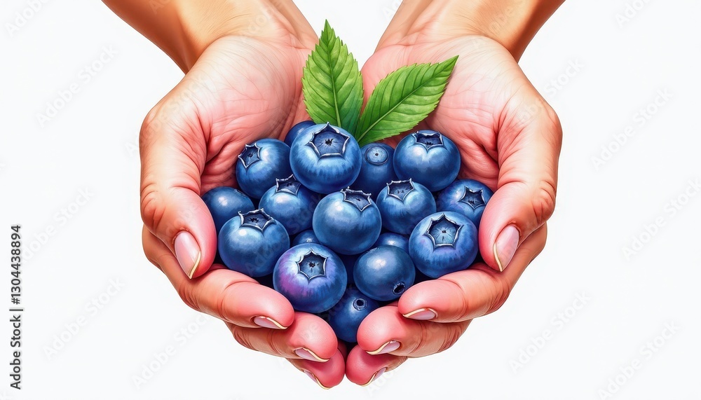 Realistic Blueberry Portrait Against Stark White Background: Vivid Texture and Natural Detail. A person holding a handful of blueberries in their hands. Realistic Blueberry Portrait Against Stark White Background: Vivid Texture and Natural Detail. A person holding a handful of blueberries in their hands.