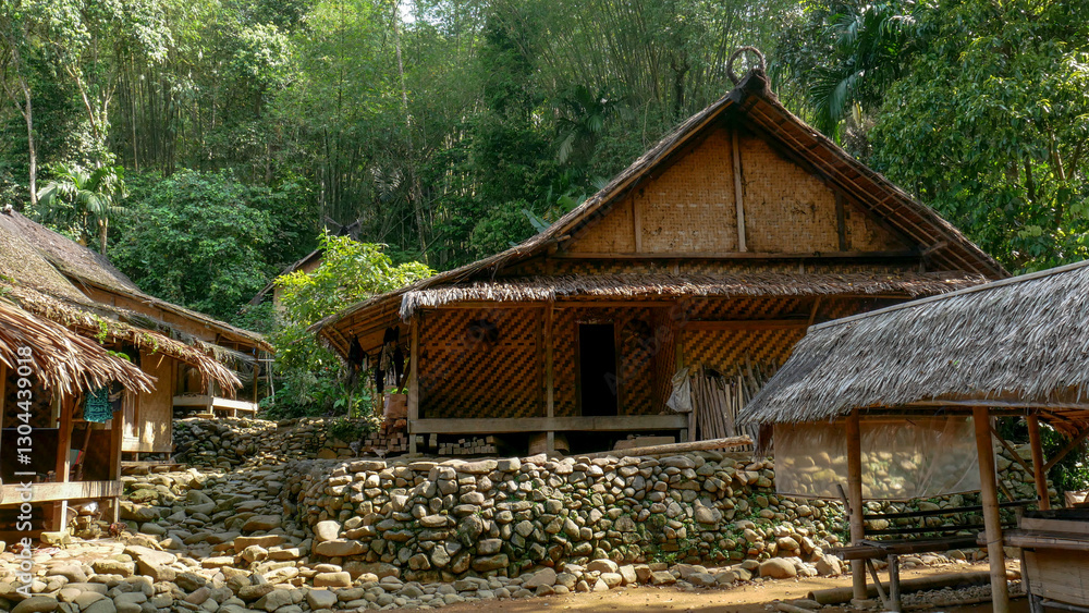 The traditional village of the Outer Baduy Tribe with traditional stilt houses made of bamboo and thatched roofs with a backdrop of dense forest, reflects the harmonious life of humans and nature. The traditional village of the Outer Baduy Tribe with traditional stilt houses made of bamboo and thatched roofs with a backdrop of dense forest, reflects the harmonious life of humans and nature.