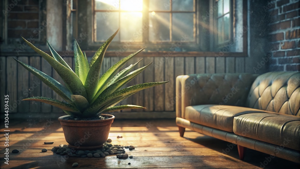 Fototapeta premium Aloe Vera Plant on Table, Urban Loft Interior, Cozy Couch