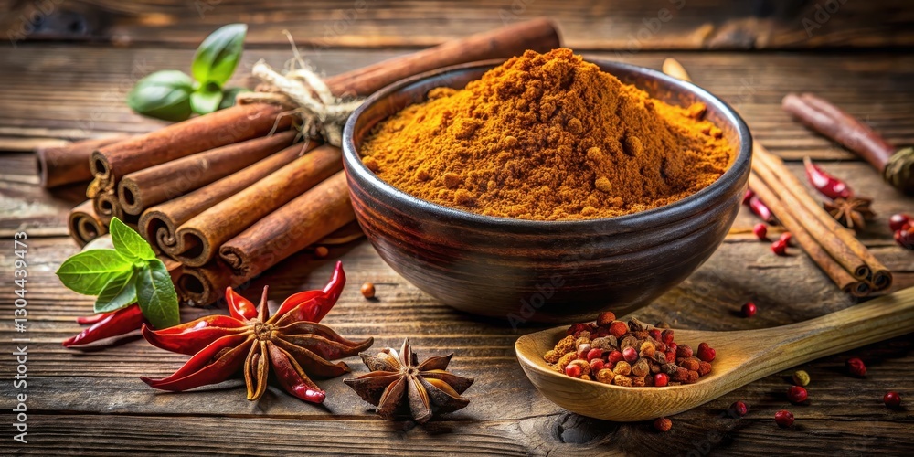 Sizzling Chinese five spice powder with spices on rustic wooden background , kitchen, cooking, kitchen Sizzling Chinese five spice powder with spices on rustic wooden background , kitchen, cooking, kitchen