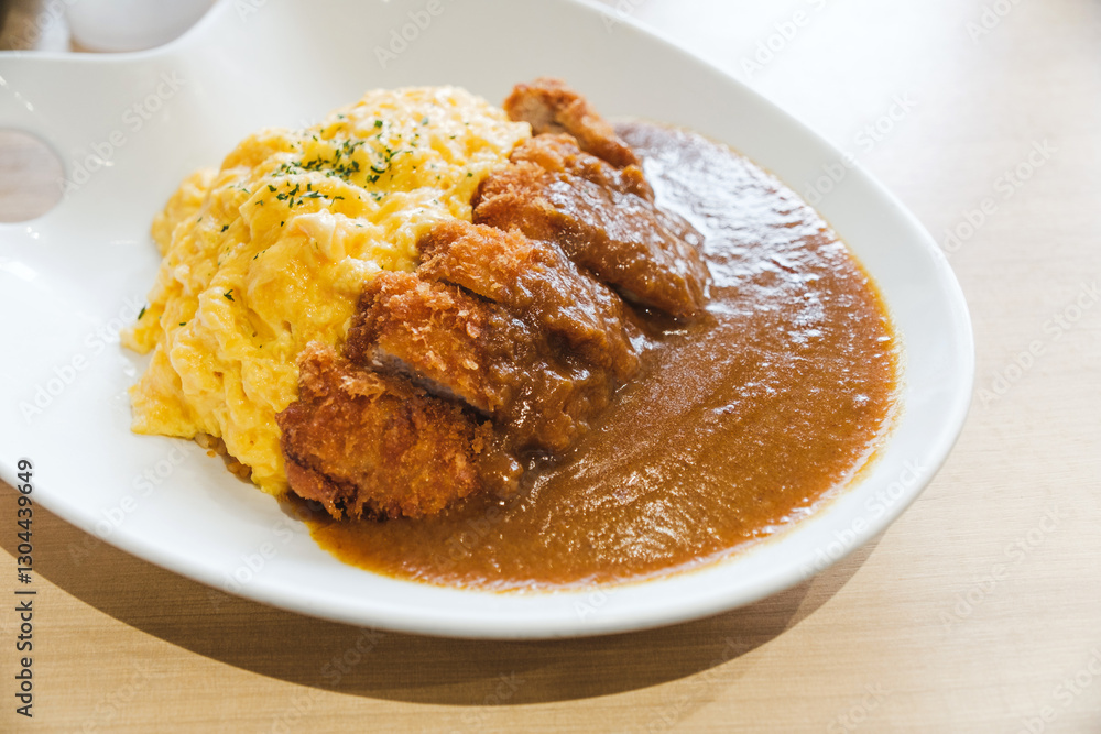 A delicious plate of Japanese katsu curry with crispy breaded pork cutlet, rich curry sauce, and fluffy scrambled eggs over rice. A popular comfort food in Japan, perfect for travelers and food lovers A delicious plate of Japanese katsu curry with crispy breaded pork cutlet, rich curry sauce, and fluffy scrambled eggs over rice. A popular comfort food in Japan, perfect for travelers and food lovers