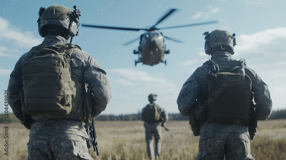 On the Watch: Soldiers stand vigilant on a open field, closely observing a helicopter during a training exercise. Capturing a sense of duty, readiness, and teamwork. On the Watch: Soldiers stand vigilant on a open field, closely observing a helicopter during a training exercise. Capturing a sense of duty, readiness, and teamwork.