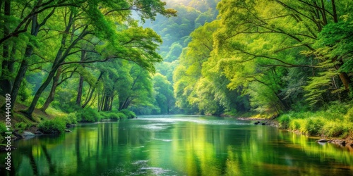 Serene river flowing through lush green woods with towering trees and vibrant foliage, natural scenery, woodsy scene