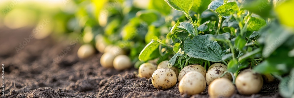 Fresh, Organic Potatoes Growing in a Garden Bed Agriculture, Farming, and Healthy Eating Concept Fresh, Organic Potatoes Growing in a Garden Bed Agriculture, Farming, and Healthy Eating Concept
