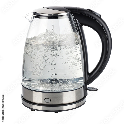 Electric kettle with boiling water, modern design and transparent body.