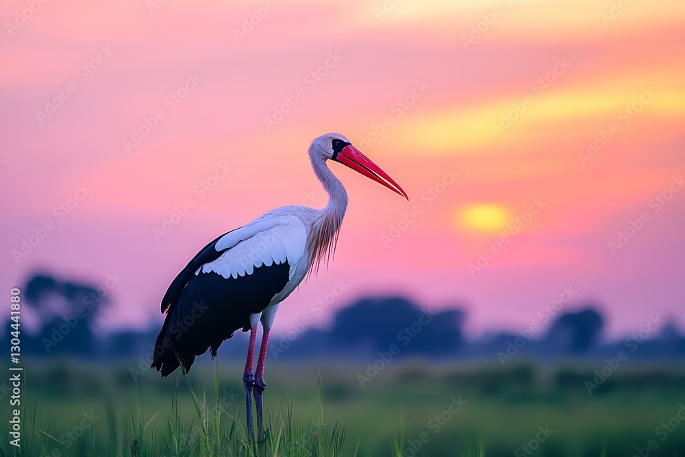 Fototapeta premium A marabou stork standing solemnly in a grassy wetland, with its distinctive silhouette against the evening sky