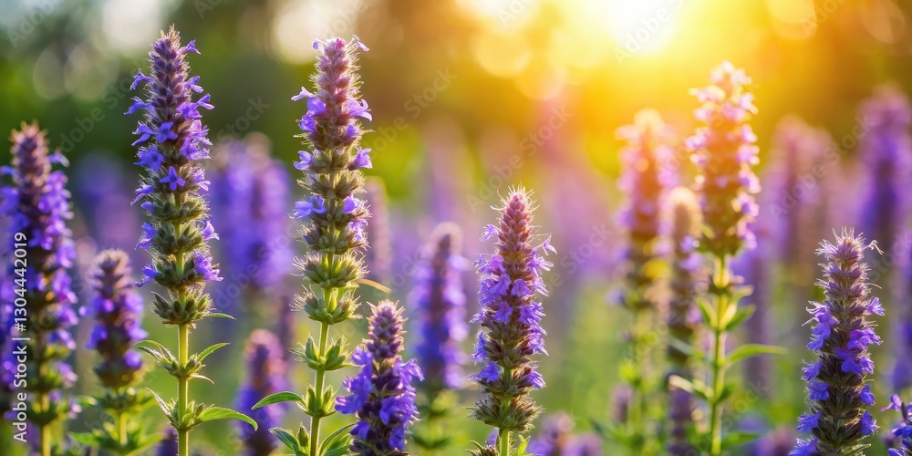 Fototapeta premium Hyssop blooms in a warm sunlight, spring, background, spring, background, flowers, landscape, foliage