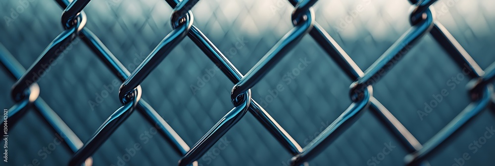 Fototapeta premium A close-up view of a chain-link fence, showcasing the interwoven metal strands and the play of light on its surface.
