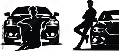 Minimalist silhouette of two men leaning casually against a car, front view with visible headlights and windshield, black on white, simple yet striking design for automotive and lifestyle themes
