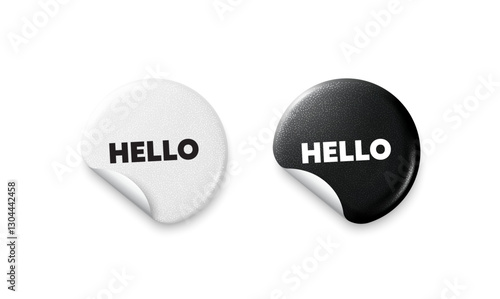 Hello sticker tags. Glitter paper price badge. Hello welcome tag. Hi invitation offer. Formal greetings message. Offer round sticker. Promo banner. Vector