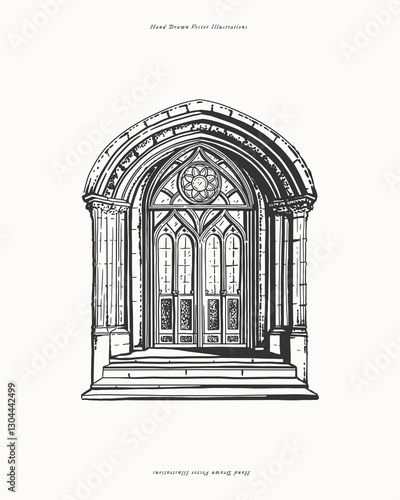 Gothic church entrance with arched doorway and ornate wooden doors. Hand-drawn black and white vector illustration. Architectural sketch for design and print.