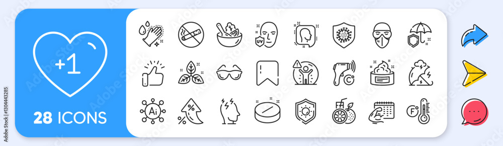 Obraz premium Fahrenheit thermometer, Stress and Head line icons. Interest rate, AI generate, Inflation icons. Pack of Eyeglasses, Sun protection, Washing hands icon. Vector
