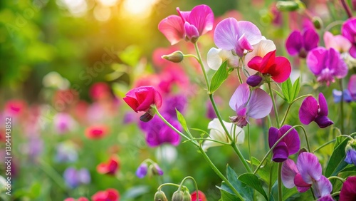 Vibrant sweet pea blossoms in a lush garden, vibrant flowers, spring flowers, vibrant flowers