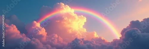 A dazzling rainbow arching across a dramatic, fluffy cloudscape , meteorological, dazzling