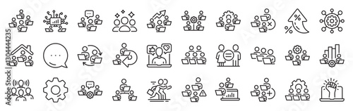 Teamwork line icons. Settings gear, Message, Inflation icons. Working at home, Online Team worker, Remote office. Artificial intelligence, Growth chart, Online home job line icons. Vector