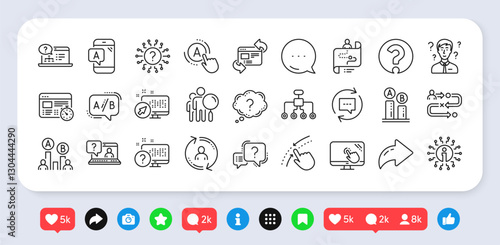 UX line icons. Social media: share, comment, like icons. Set of Question mark, AB testing and Journey path map icons. Usability quiz test, Ux Ui and User flow. Vector