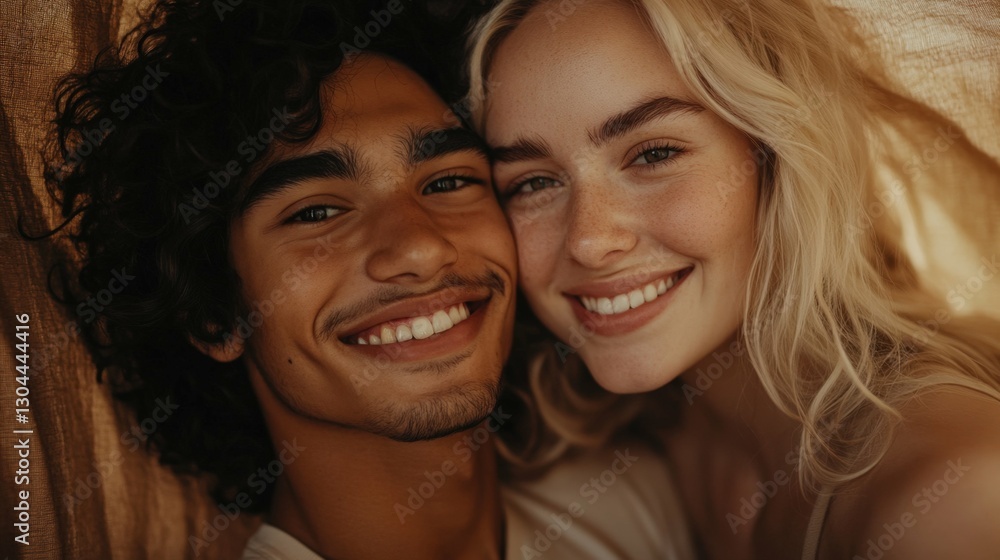 A romantic couple in their 30s, one with curly black hair and another with blonde straight hair, smiling warmly, enjoying close up of brown textured fabric under soft studio lighting