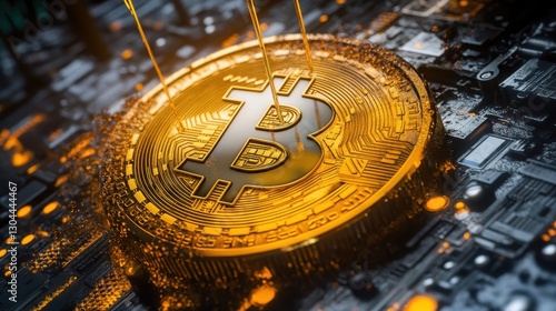 A Bitcoin clock floats with liquid gold forming ripples in a cybernetic void filled with data