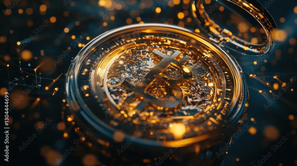 A Bitcoin pocket watch floats in zero gravity its liquid gold forming patterns in a digital void A Bitcoin pocket watch floats in zero gravity its liquid gold forming patterns in a digital void