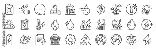 Energy types line icons. Settings gear, Message, Inflation icons. Coal Trolley, Solar Panels, Hydroelectric Power icons. Sustainable Electricity, Battery Energy, Fuel canister. Vector