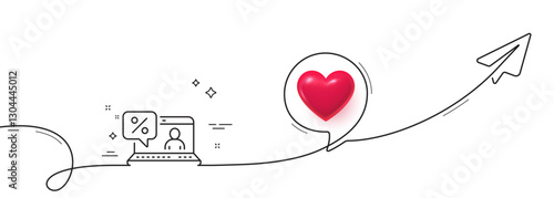 Online loan percent line icon. Continuous line with share plane. Discount sign. Credit percentage symbol. 3d heart in speech bubble. Online loan single line ribbon. Loop curve pattern. Vector