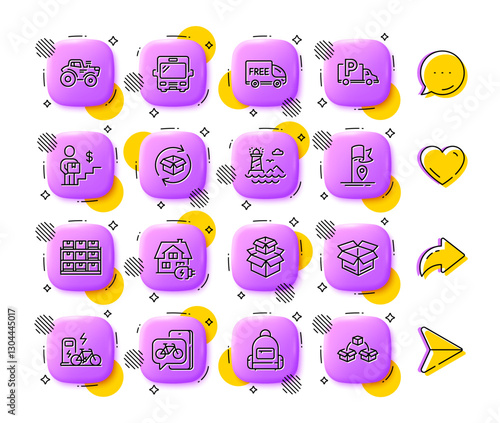 Truck parking, Bike app and Lighthouse line icons. App 3d buttons. Social media comment, share, like icons. Pack of Open box, Storage, Home charging icon. Vector