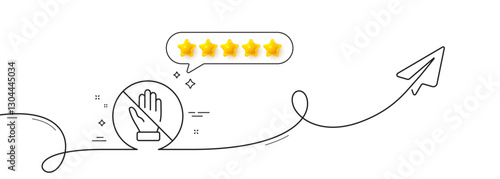 Corrupt line icon. Continuous line with share plane. No money bribe sign. Stop cash crime symbol. Five star rate review in speech bubble. Corrupt single line ribbon. Loop curve pattern. Vector