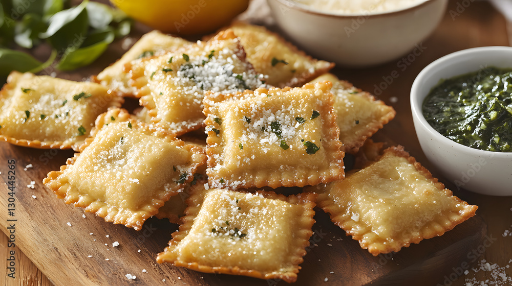 Deep fried ravioli with ricotta and spinach filling, served with a spicy chimichurri dipping sauce. Deep fried ravioli with ricotta and spinach filling, served with a spicy chimichurri dipping sauce.