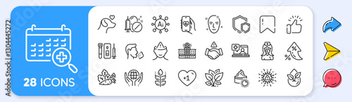 Medical calendar, Hospital building and Blood and saliva test line icons. Interest rate, AI generate, Inflation icons. Pack of Coronavirus, Health skin, Nurse icon. Vector