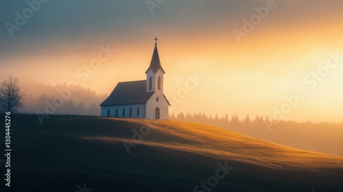 A small church on a hill at dawn, glowing softly in the morning light, symbol of community faith