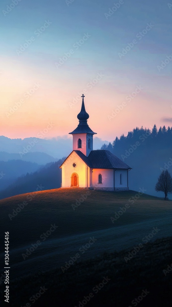 Fototapeta premium A small church on a hill at dawn, glowing softly in the morning light, symbol of community faith