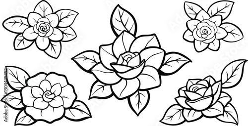 Line art vector set of camellia flowers with symmetrical petals  for coloring pages, tattoos, or floral pattern compositions