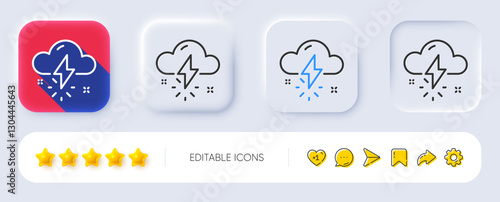 Thunderstorm weather line icon. Neumorphic, Flat shadow, 3d buttons. Thunderbolt with cloud sign. Bad day symbol. Line thunderstorm weather icon. Social media icons. Vector