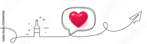 Wine bottle line icon. Continuous line with share plane. Merlot or Cabernet Sauvignon sign. 3d heart in speech bubble. Wine single line ribbon. Loop curve pattern. Vector