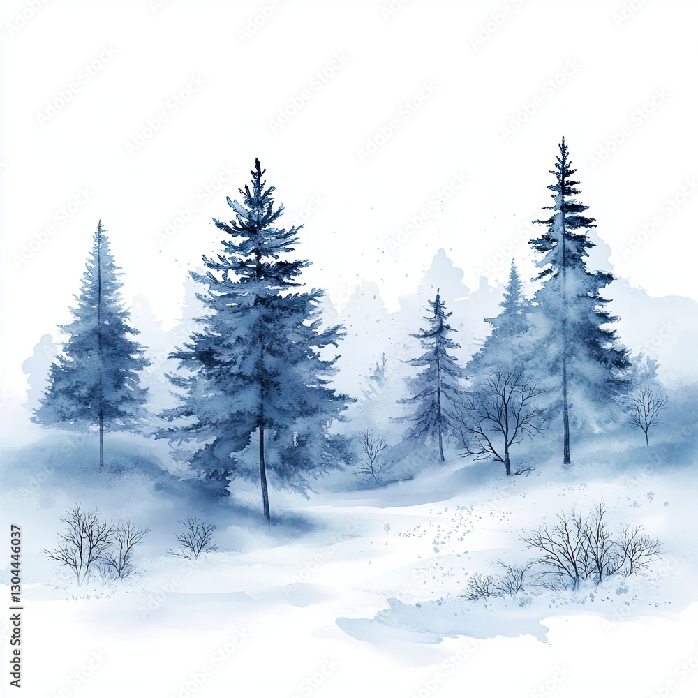 Fototapeta premium Serene Winter Landscape Misty Blue Forest Watercolor Painting