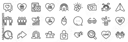 For ever, Search love and Dating line icons pack. Share, Message, Paper plane icons. Rainbow, Heart, Love tickets web icon. Inclusion, Wedding locker, Friendship pictogram. Vector