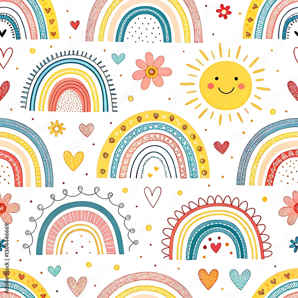 Colorful rainbow pattern with sun and hearts happy childish design illustration fun red cute kids Colorful rainbow pattern with sun and hearts happy childish design illustration fun red cute kids