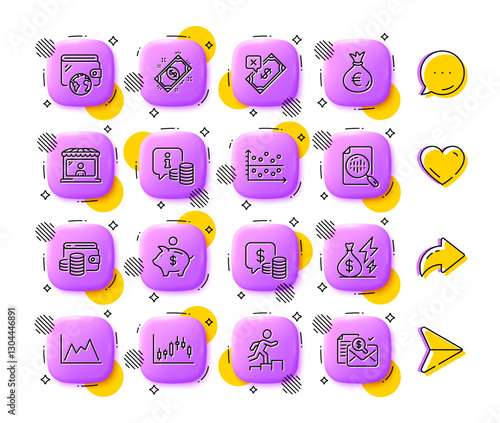 Wallet, Piggy bank and Leader run line icons. App 3d buttons. Social media comment, share, like icons. Pack of Dot plot, Electricity price, Rejected payment icon. Vector